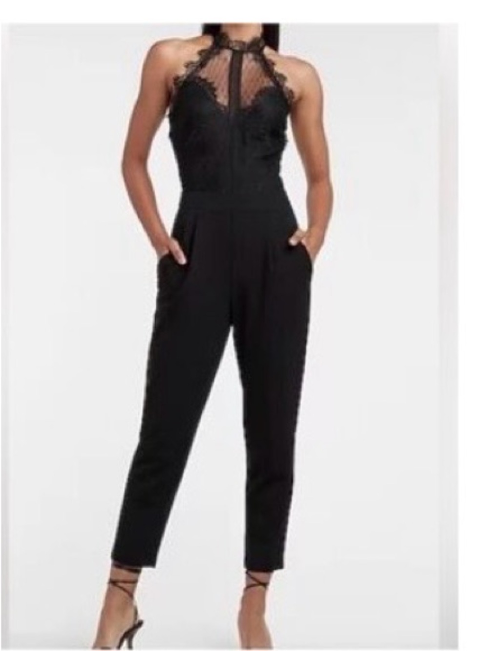 Express Black Lace Halter Jumpsuit with Sheer Yoke